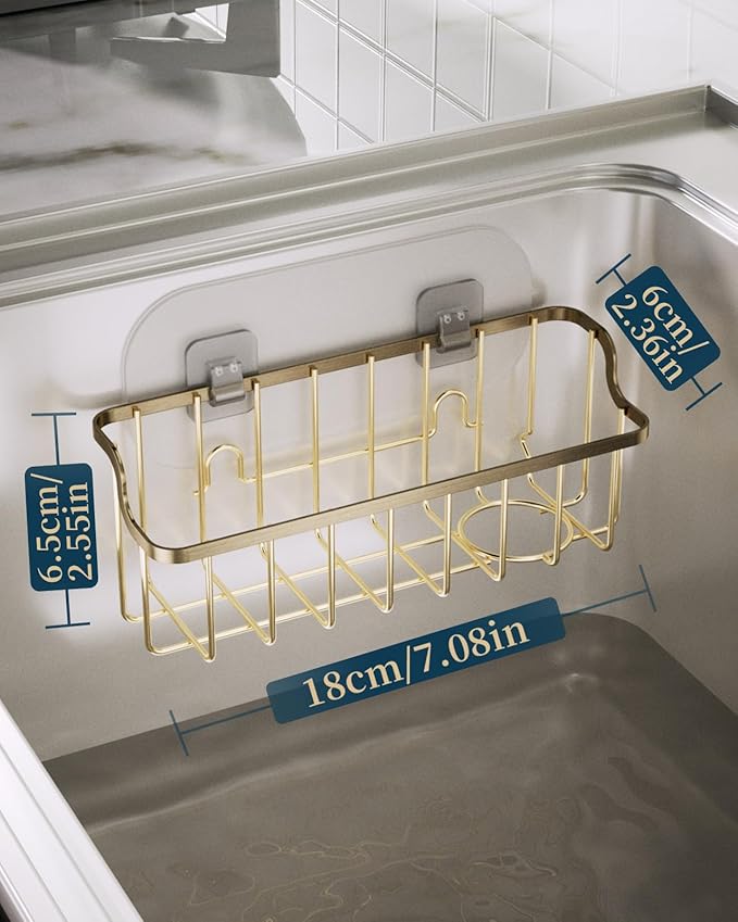 Consumest Sponge Holder Sink Caddy - Ladder Shaped Sponge Holder for Kitchen Sink with 2 Installation Ways (Suction Cups & Adhesive Hook), Rustproof Stainless Steel Kitchen Organizer, Gold