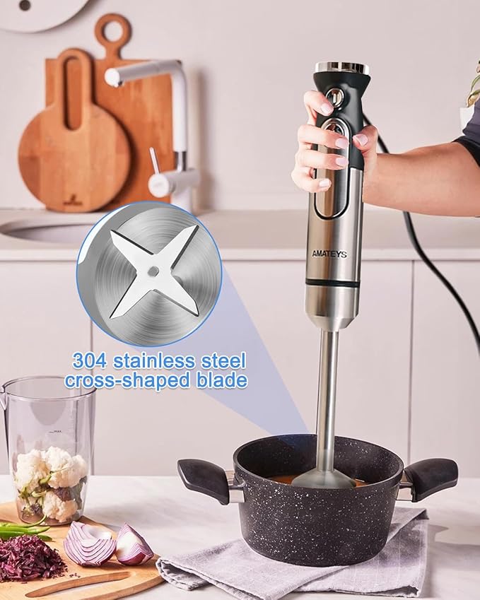 Amateys Handblender with Plug,Immersion Blender Handheld, Heavy-Duty Copper Motor, Detachable Stainless Blade Dishwasher Safe, 2 Modes with Pulse,Infinitely Variable Speed, Space-Saving Design