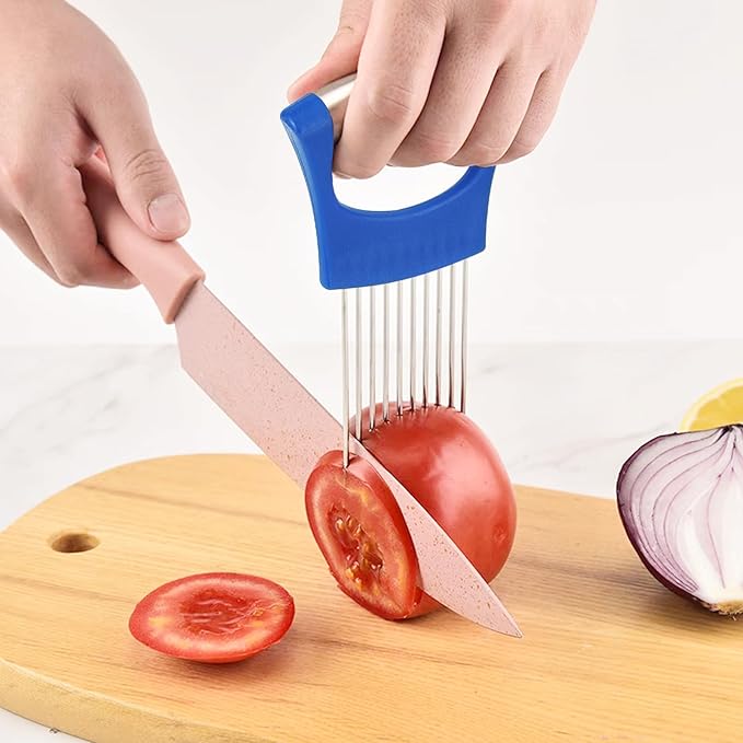 Stainless Steel Onion Holder for Slicing,Onion Slicer Holder, Onion Cutter for Slicing of Onions, Tomatoes,Avocados,Eggs and Other Vegetables, Kitchen Utensils Gift (Blue)