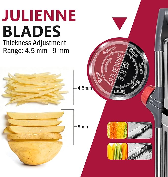 Masthome Adjustable Mandoline Slicer, Thin to 9mm Slice, 4.5mm & 9mm Julienne - Vegetable Cutter for Potato Carrot Onion - Stainless Steel - with Glove & Brush (Red)