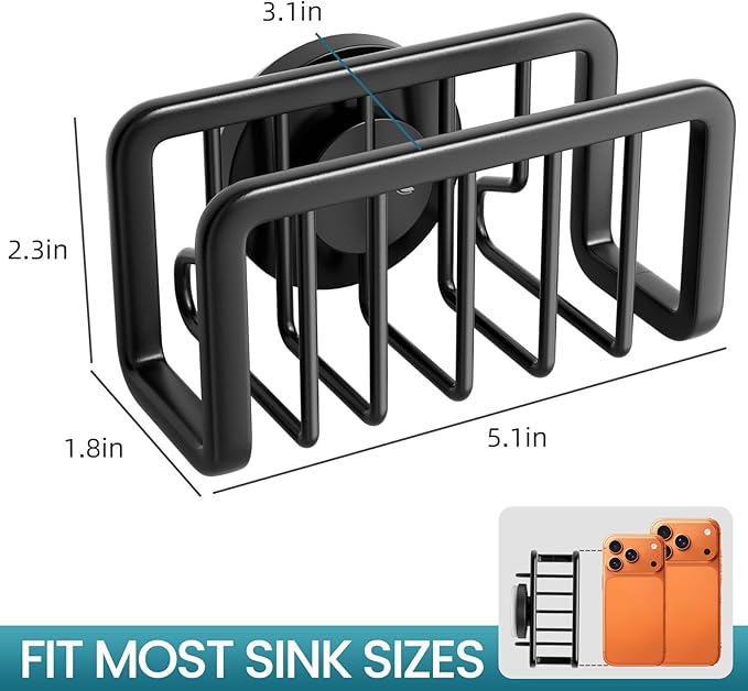 TAILI Sponge Holder for Kitchen Sink with Strong Suction Cup, Removable Sponge Holder, Rustproof Aluminum Sink Caddy for Sponges, Dish Brush - Black