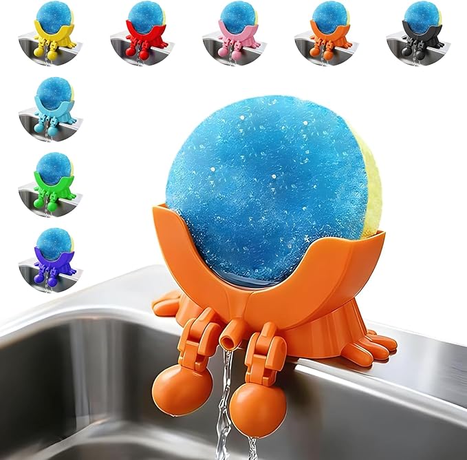 Cute Hanging Sponge Holder with Drainage, 3D Printed Sink Rack with Legs and Handles, 3D Printing Funny Countertop Sponge Holders for Kitchen Sink Draining (Orange)