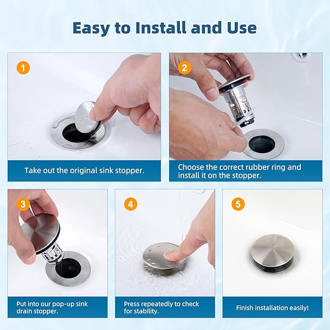 Hibbent Upgraded 3 in 1 Bathroom Sink Drain Strainer, Pop Up Sink Stopper with Big Push Cap, Anti-Clogging Metal Filter Basket,Sink Plug with Hair Catcher for 1.1''~2.36'' Basin, Brushed Nickel