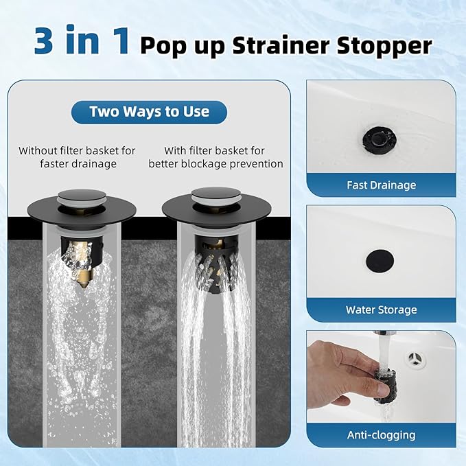 iFealClear All Metal Bathroom Sink Stopper, Pop Up Sink Drain Strainer with Removable Stainless Steel Filter Basket, Universal for 1.1"-2.36" US Sink, Brass Bounce Core, Hair Catcher, Matte Black