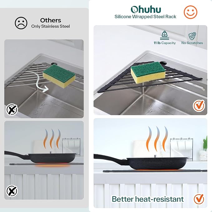 Ohuhu Corner Sink Caddy, Sponge Holder for Kitchen Sink Organizer - Silicone Wrapped Steel Anti Slip Rust Triangle Over the Sink Roll-UP Dish Drying Rack for Sink Corner Kitchen Sink Accessories