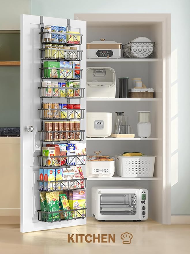 Delamu Adjustable Over the Door Pantry Organizer, 9-Tier Metal Pantry Organization and Storage for Kitchen, Hanging Spice Rack Seasoning Shelves, Cabinet Door Organizer for Easy Install, 16" Black