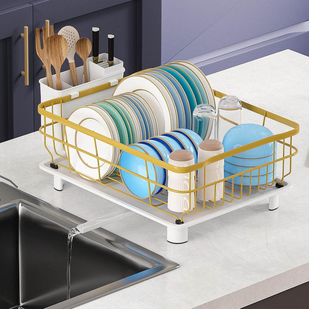 Metal Dish Drying Rack Automatic Drainage, Gold, Large