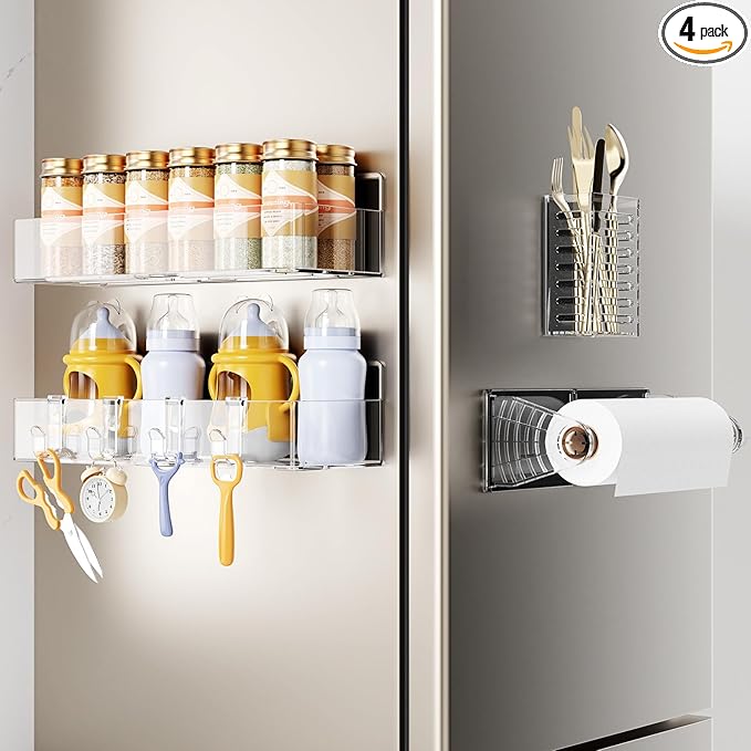 Mystozer Magnetic Spice Rack for Refrigerator,4 Pack Magnetic Shelf,Fridge Magnet Organizer with Paper Towel Holder and Utensils Racks,Fridge Organizers and Storage Clear(4 Pack)