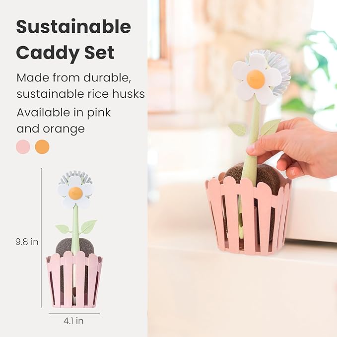 Vigar Florganic Kitchen Sink Caddy Organizer - Dish Sponge Holder with Flower Dish Brush, Suction Cup & Sponge for Kitchen Sink, Decorative Kitchen Sink Accessories Countertop Storage Set - Pink
