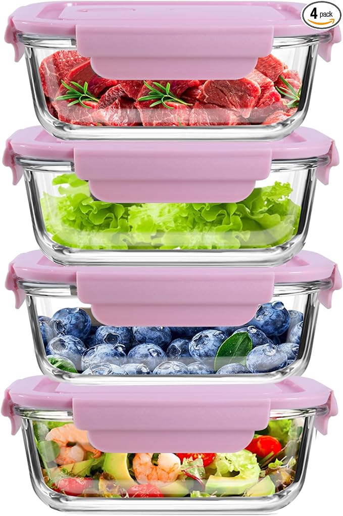 4Pack 13oz/0.37L Glass Meal Prep Containers with Lids, Glass Storage Containers with Lids, BPA-Free, Pantry Organizers and Storage, Freezer to Oven Safe (Pink)