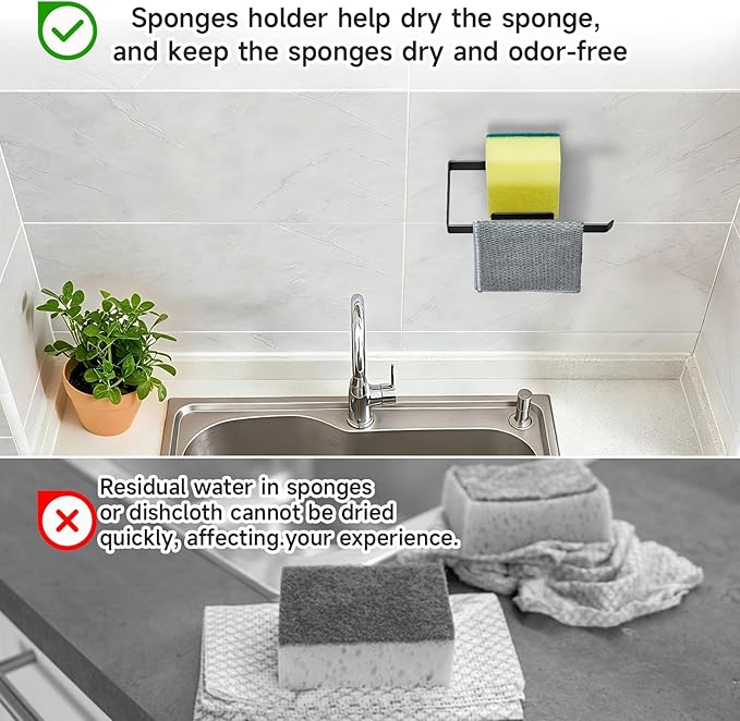 Sponge Holder for Kitchen Sink, Adhesive Dishcloth Holder, Dish Sponge Kitchen Sink Caddy 2 In 1, Metal Dishcloth Racks Sink for Dishcloths, Sponges, Brushes and Glove (Black)