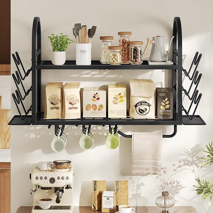 HOOBRO 30 Inch Pot Rack Wall Mounted, 2 Tier Pots and Pans Organizer with 6 Lid Holders and 10 Hooks, Wall-Mounted Pan Hanger with Towel Bar, for Kitchen Cookware Utensils Storage, Black BB100TL01
