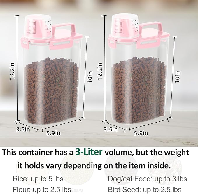 TBMAXS 2 Pack 3 Lbs Dog Cat Food Storage Containers for Travel, Portable Pet Food Storage Container, Easy-Pouring Bird Seed Dispenser, Airtight Rice Cereal Oatmeal Flour Holder -Pink