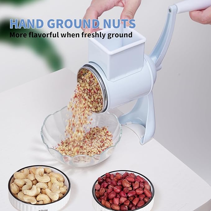 Manual Nut Chopper Grinder, Rotary Cheese Grater Hand Crank Cheese Shredder Multifunctional Dried Fruit Crusher Peanut Masher Grinding Device for All Nuts Walnut Pecan Double Sword White