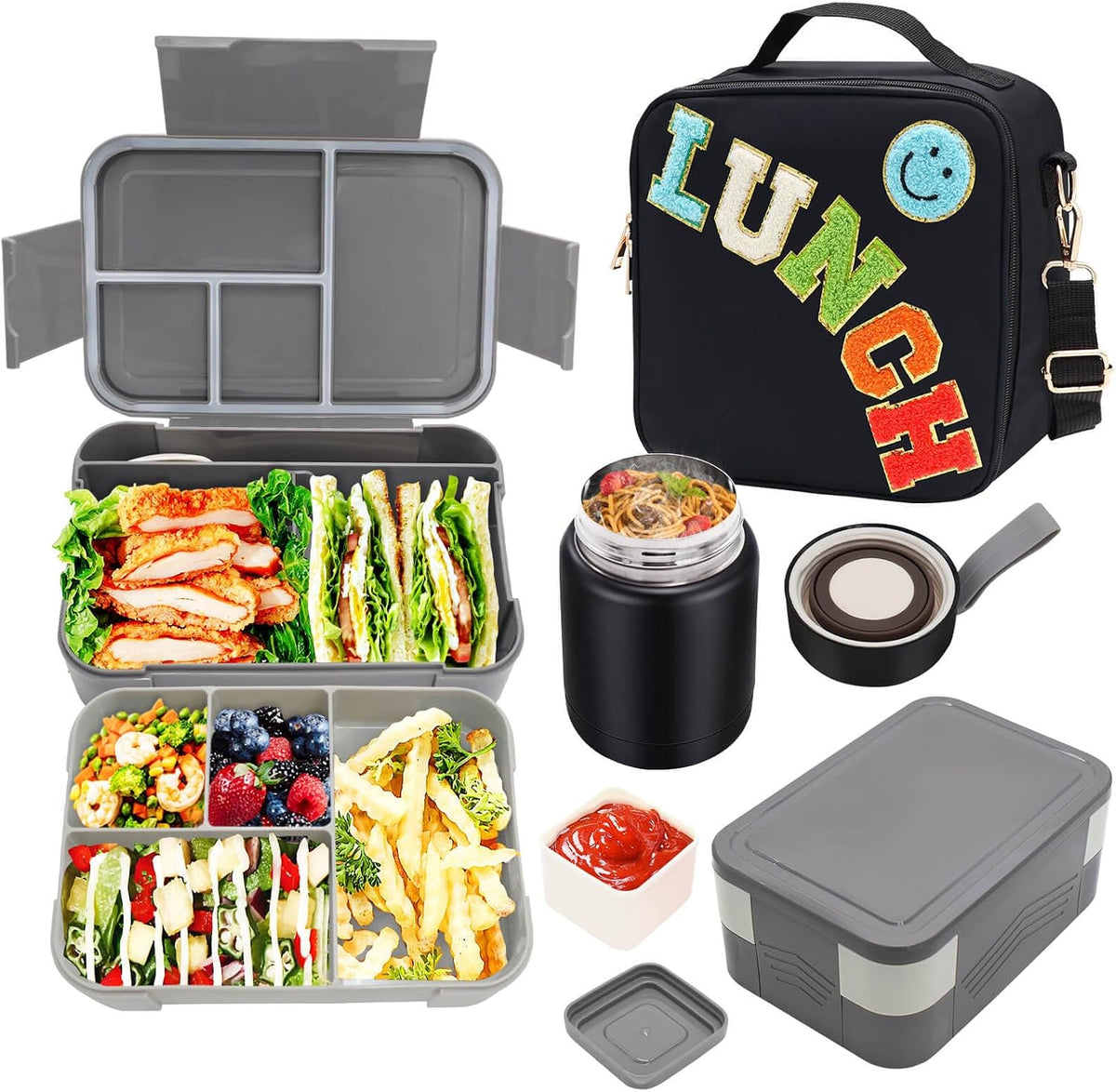 Insulated Lunch Bag for Boys Girls with 10oz Thermo, with 6 Compartment Bento Box, Black Nylon Preppy Lunch Box Adjustable Strap for Boy Girl Kids Teens School Travel Picnic