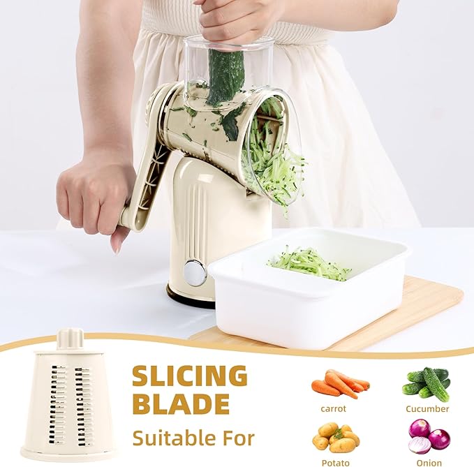 Rotary Cheese Grater with Handle, Vegetable Shredder with 5 Replaceable Blades & Strong Suction Base, Round Food Slicer & Chopper for Kitchen Fruit Vegetables Nuts with Blade Storage Box (White)