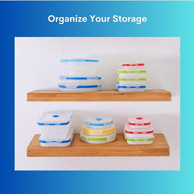 ECOBERI Collapsible Food Storage Containers, Silicone 5 Piece Set, 12/17/27/40 oz, BPA-Free Meal Prep Containers with Airtight Lids, Space-Saving, Freezer and Dishwasher Safe