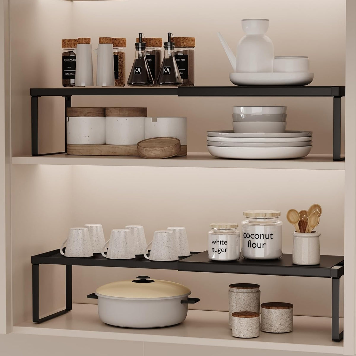Expandable Cabinet Shelf Organizer, 2 Pack Stackable Kitchen Counter Shelf Riser, Metal Spice Rack Heavy Duty Countertop Organizer Storage for Kitchen, Pantry, Cupboard, Rv (5.9in Height,Black)