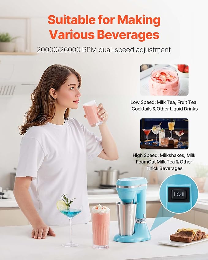 VEVOR Milkshake Maker, 100W Milk Shake Maker Mixer, Single Head Drink Mixer Blender Machine, Dual-Speed Adjustment Milkshake Blender with Stainless Steel Cup, for Home, Kitchen, Bar & Beverage Shop