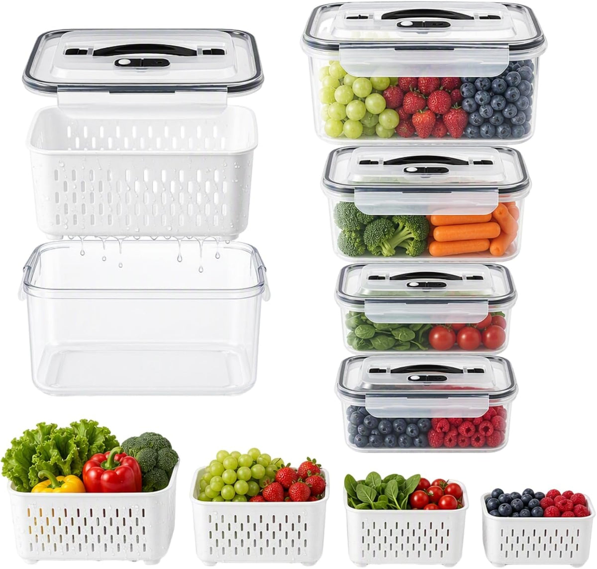 4Pcs Fridge Produce Storage Bins, Airtight Containers w/ Colander Vent