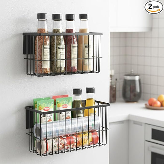 2 Pack Magnetic Basket for Refrigerator,Fridge Magnet Organizer,Magnetic Metal Basket Organizers for Side Storage in Ovens, Microwaves, or Washing Machines(2 Pack/Black1)