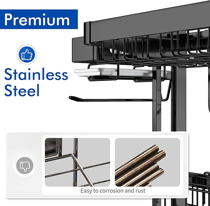 LIVOD Over Sink Dish Drainer Drying Rack, 2 Tier Full Stainless Steel Storage Adjustable Length Kitchen Rack, Multifunctional Expandable Counter Organizer, Space Saver Dish Rack
