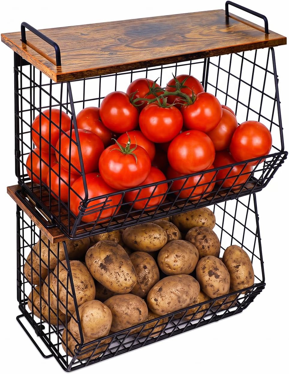 2 Pack Stackable Potato Storage Bins, Extra Large Pantry Organizer and Storage, Fruit Basket for Kitchen Counter, Potato and Onion Storage Bin with Wide Opening, Wall Mounted Vegetable Storage Basket