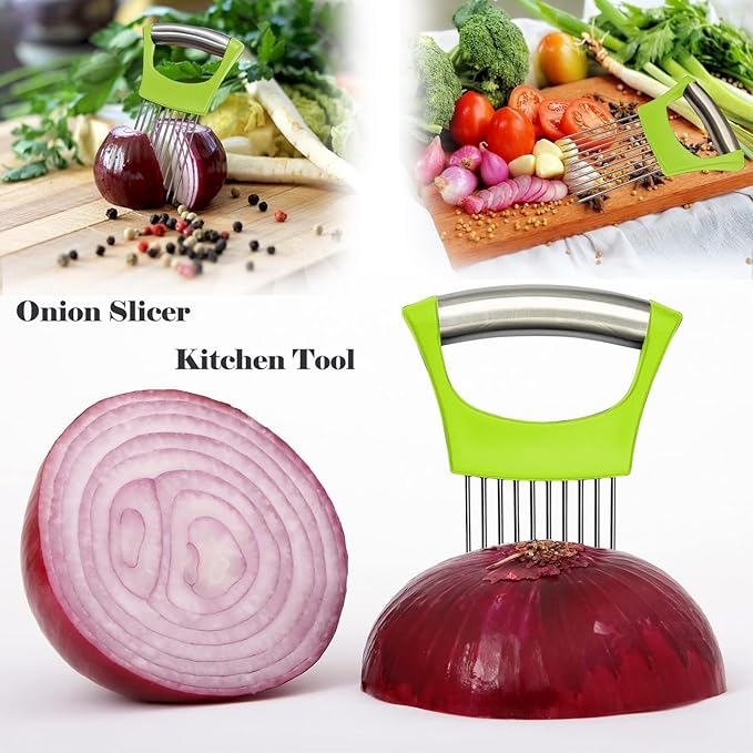Onion Holder for Slicing - Multi-Purpose Kitchen Tool for Safe and Efficient Slicing of Onions, Tomatoes, Potatoes, Apples, and More | Stainless Steel Vegetable Cutter & Meat Tenderizer 2 PCS