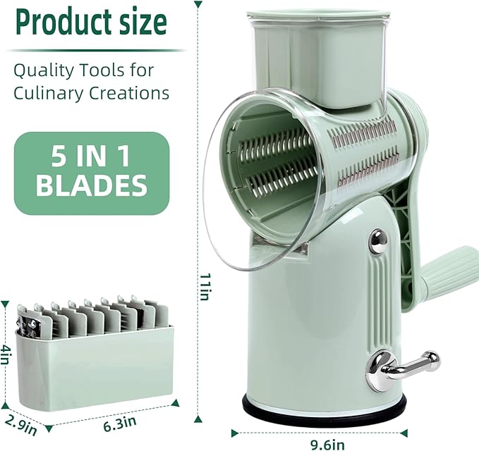 Rotary Cheese Grater with Handle, Vegetable Shredder with 5 Replaceable Blades & Strong Suction Base, Round Food Slicer & Chopper for Kitchen Fruit Vegetables Nuts with Blade Storage Box (Green)