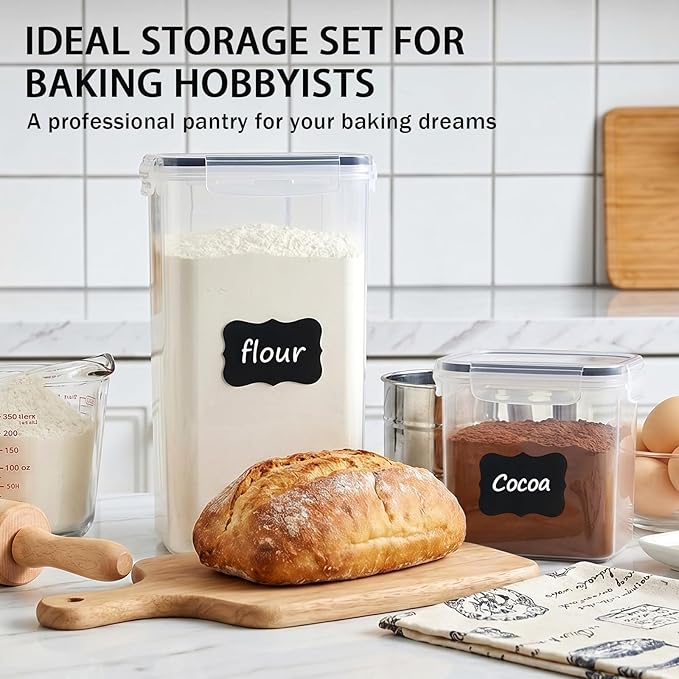 9 PCS Airtight Food Storage Containers with Lids, BPA Free Clear Plastic Kitchen and Pantry Organization and Storage Set for Flour, Sugar, Cereal, Pasta, Includes 9 Labels and Marker
