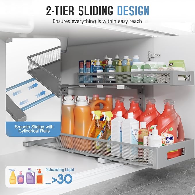2 Pack 20.47IN Depth Under Sink Storage Organizer, Large 2-Tier Elegant Mesh Pull Out Shelf for Kitchen and Bathroom Cabinet Organization