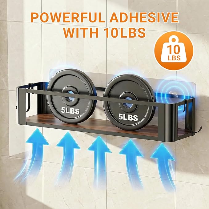 2 Pack Wall Mounted Spice Rack with 2 Hooks, Spice Organizer Shelf for Stove Cabinet Pantry Door, Screw or Adhesive Spice Shelf Hanging Wall Spice Rack in Kitchen and RV (Black, 2 Pack)
