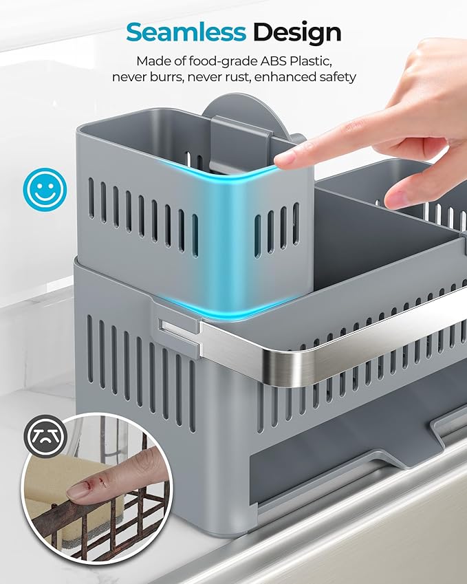 Nieifi Sponge Holder for Kitchen Sink, Sink Caddy with Towel Rack, Dish Sponge Holder, Brush Holder for Kitchen Sink Organizer Storage, Grey
