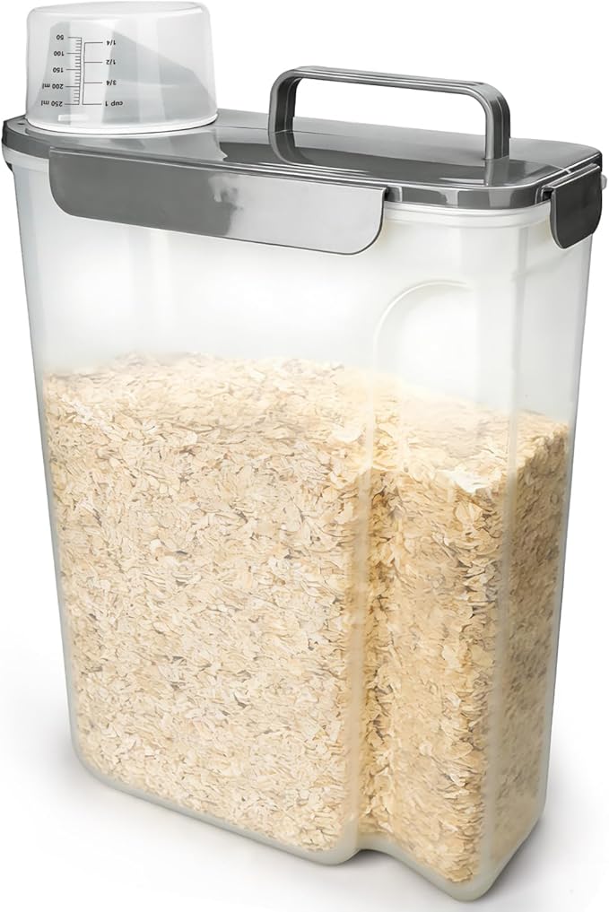 Komzon Rice Storage Containers, 20 LB Rice dispenser with Pouring Spout Portable Handle for Flour, Pasta, Grain and Baking, Pet Dog Cat Bird Food Container Grey