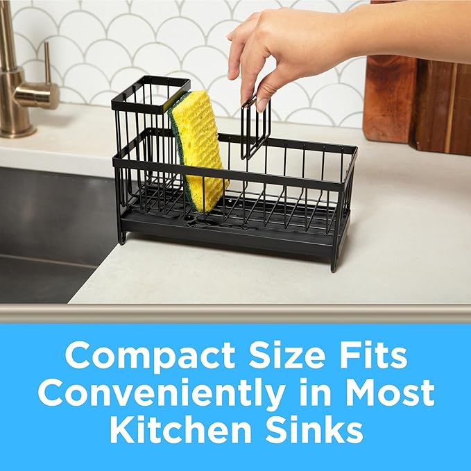 Sink Caddy & Organizer | Premium Rust-Proof Carbon Steel Sponge Holder with 360° Rotating Drainage Spout | Keeps Countertop Dry & Organized (Black)