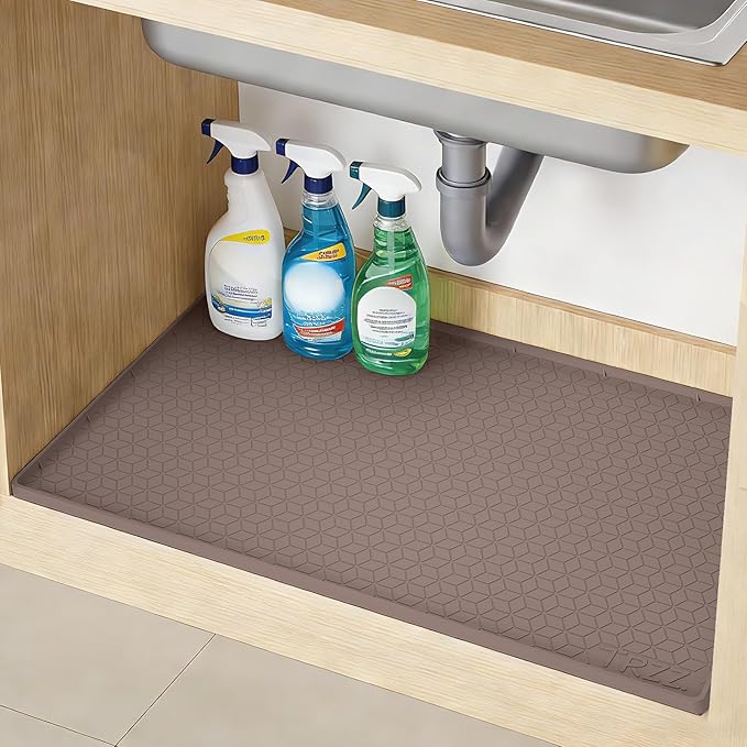TRZZ Silicone Waterproof Under Sink Mat 28" x 22", Drip Tray and Cabinet Liner for Kitchen and Bathroom, Prevents Water Damage and Organizes Cabinets (Brown)