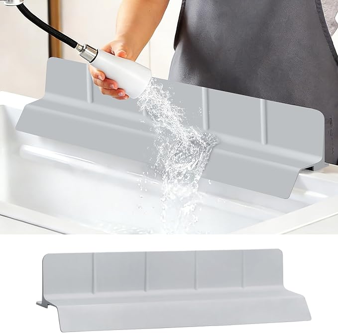 23Inch Sink Splash Guard – Extended Length & Tall Silicone Kitchen Sink Splash Guard with Overhang Drainage Design, High Splash Wall & Strong Suction Cups for Countertop (Grey, 23''x3.5'')