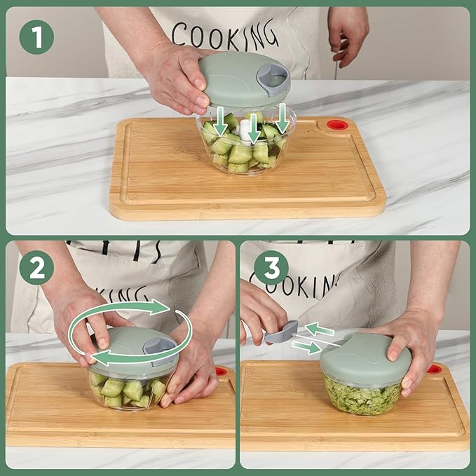 Garlic Chopper with Container, Manual Food Chopper Pull-String, Vegetable Onion Mincer, Hand Food Processor, Kitchen Cutter for Chili Ginger Herb Seasoning, Green 500ml