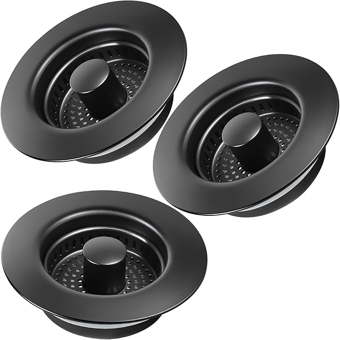 Kitchen Sink Drain Strainer 3 Pack, 304 Stainless Steel Pop Up Sink Stopper, Anti-Clogging Sink Drain Strainer for US Standard Kitchen Drain (Matte Black)