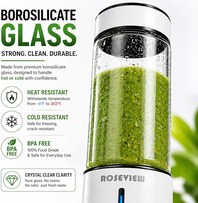 Portable Smoothie blender ROSEVIEW Glass bottle USB rechargeable mini Handheld Ice Shakes Cup 2 blend juicer Cordless Personal smoothies maker Fruit blast mixer