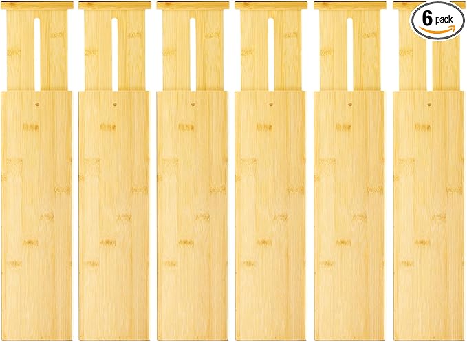 VaeFae 6 Pack Bamboo Drawer Dividers, 4" High Adjustable 16.6" - 21.8" Clothes Drawer Organizers, Expandable Separators for Bedroom/Bathroom/Kitchen/Office Storage