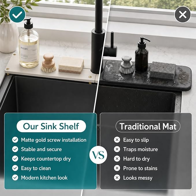Stone Faucet Mat for Kitchen Sink, Water Absorbing Sink Tray Organizer for Bathroom Counter, Diatomite Soap Dish Coaster Caddy Riser, Sponge Holder Dispenser Mat, Gold Beige, 23.6" x 4"