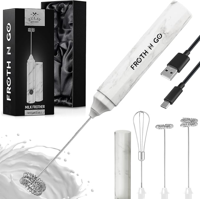 Zulay Froth N Go Milk Frother – Rechargeable 3-in-1 Handheld Frother Wand with Travel Case & USB-C Charger – Single, Double & Egg Whisk for Latte, Cappuccino, Matcha, Protein Shakes – White Marble