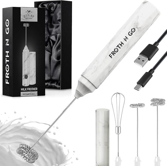 Zulay Froth N Go Milk Frother – Rechargeable 3-in-1 Handheld Frother Wand with Travel Case & USB-C Charger – Single, Double & Egg Whisk for Latte, Cappuccino, Matcha, Protein Shakes – White Marble