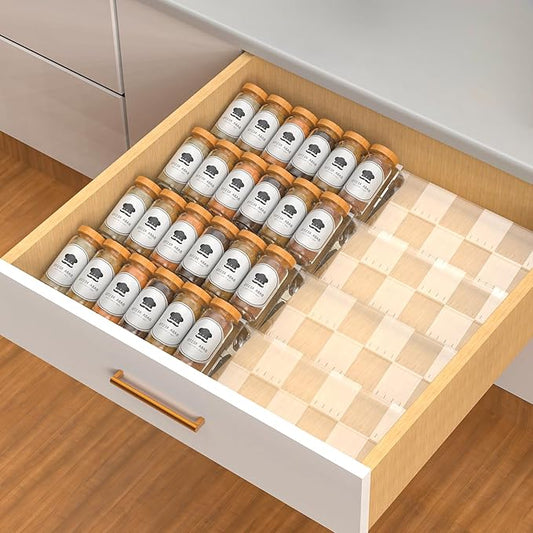 4-Tier Non-Slip Spice Drawer Organizer, 4-Pack Checkered Frosted Clear Acrylic