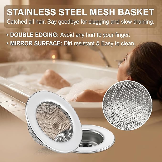 Seatery 2PCS 1.50" Bathtub Hair Catcher, Bathroom Sink Strainers, Tub Drain Hair Catcher, Drain Strainer for Shower, Laundry, Mop Pool, Utility, Slop, RV Sink, Stainless Steel