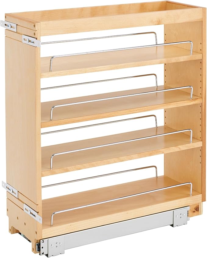 Rev-A-Shelf Maple Pullout Organizer for Full Height Base Cabinets, Full Extension Slides & Adjustable Shelves, Min Opening Width of 8.5", 448-BC-8C