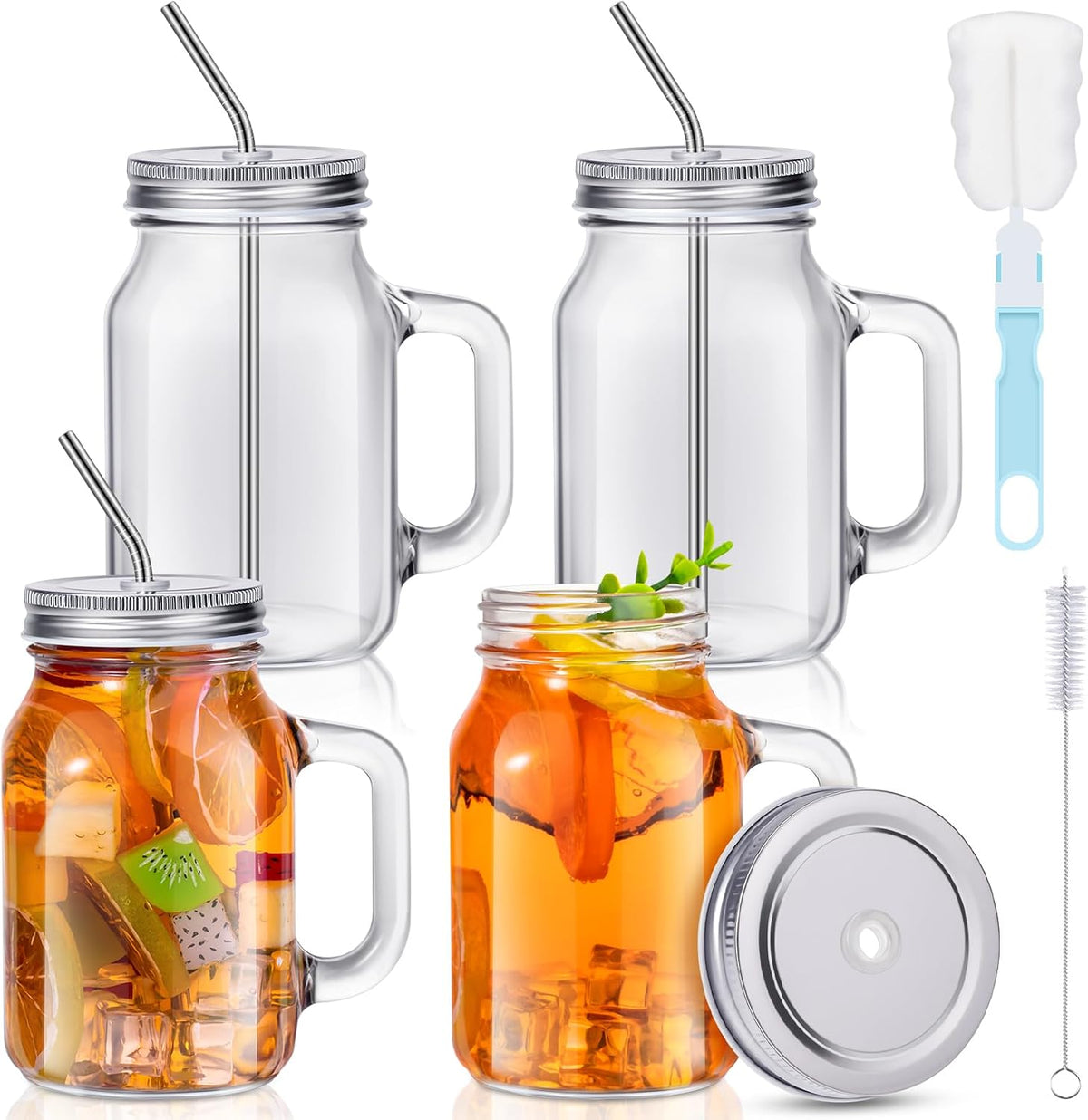 4 Pack Mason Jars Cups with Lids and Straws, 20 oz Mason Jars with Handles