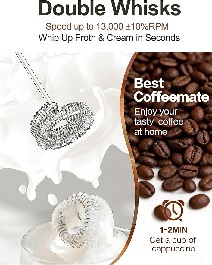 Rechargeable Milk Frother, Coffee Frother Handheld Wand, IP67 Waterproof Electric Foam Maker, High Power High-speed Drink Mixer Foamer for Matcha, Lattes, Cappuccino