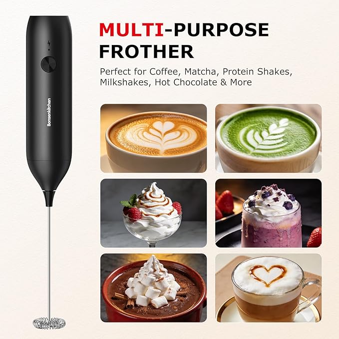 Bonsenkitchen Rechargeable Milk Frother Handheld, Electric Drink Mixer with Stainless Steel Whisk, Charging USB-C, Portable Foam Maker for Coffee Matcha Lattes Cappuccino, Kitchen Gifts